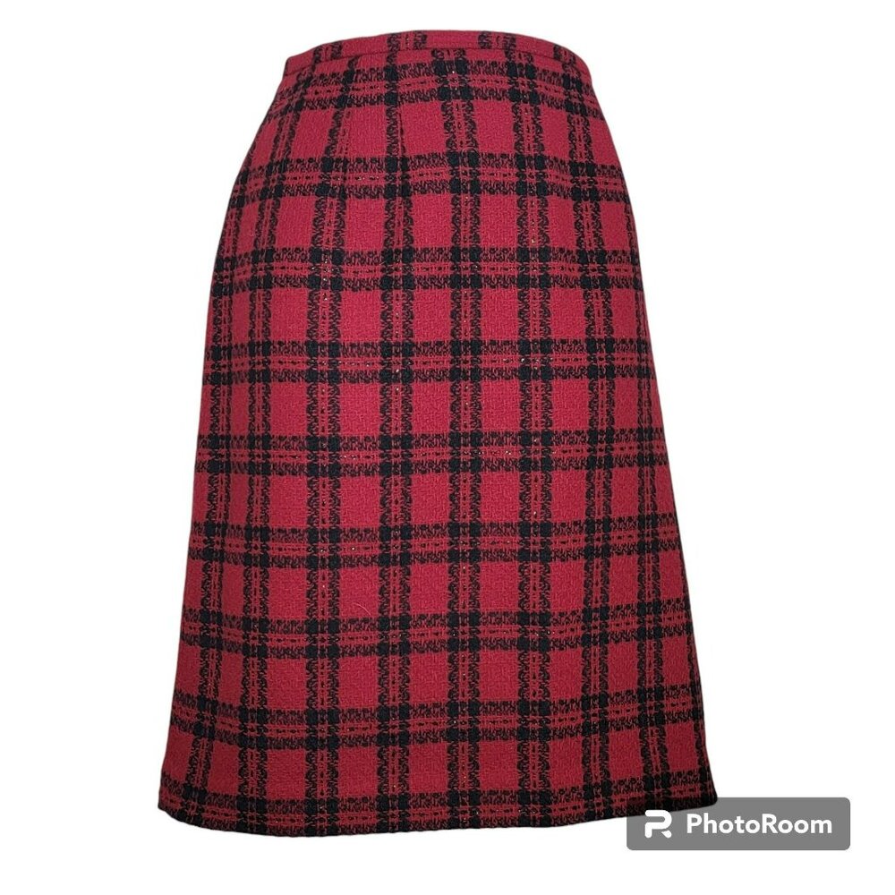 Amanda Smith Pencil Skirt, Women 14, Red & Black Plaid, Wool, EUC